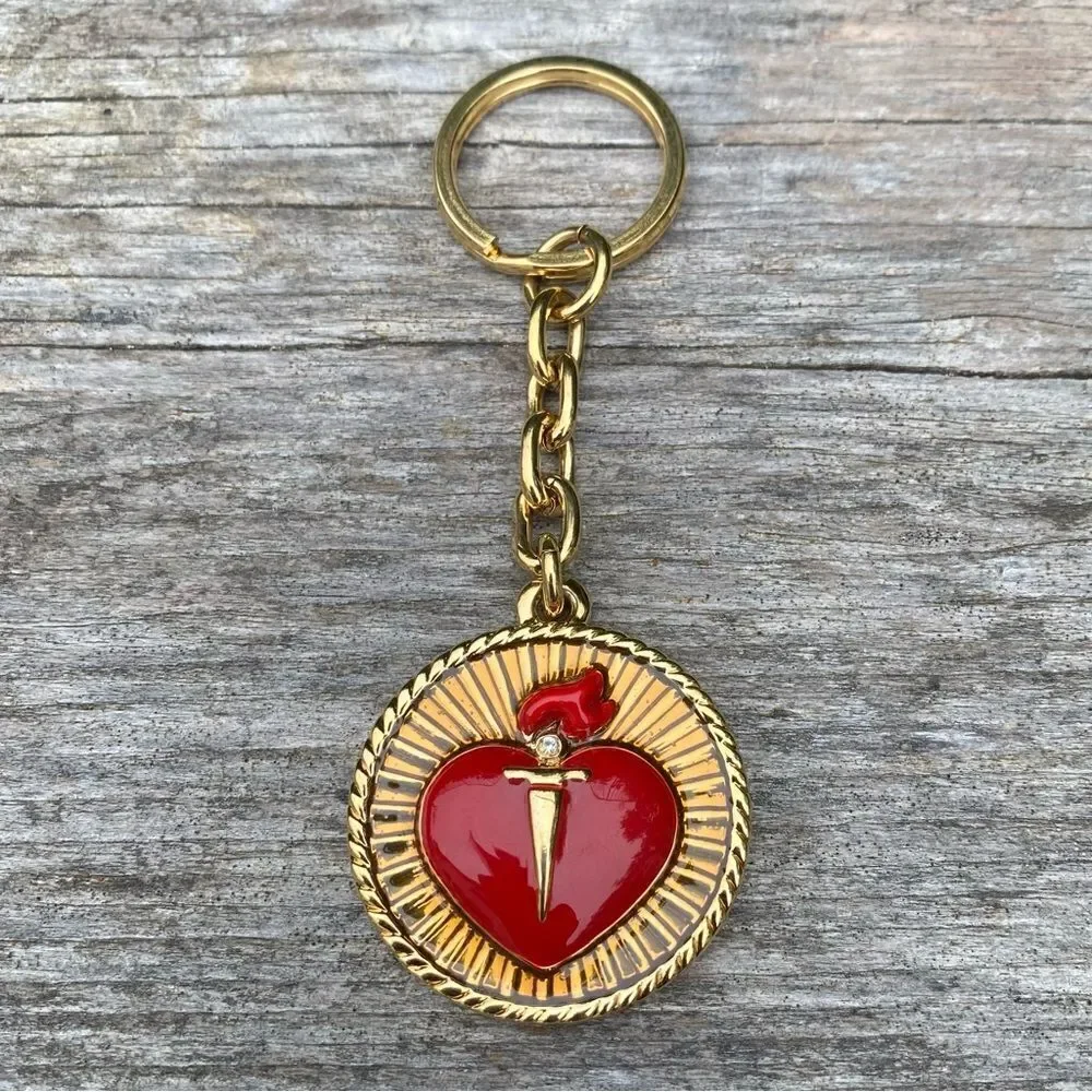 St. John Knits Gold & Red Logo Heart Key Chain/Bag Charm. New Designer Luxury